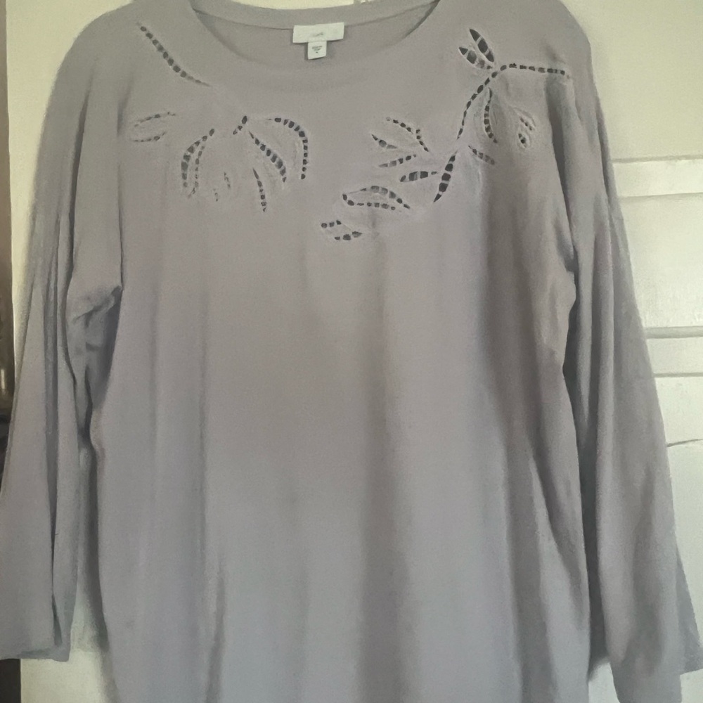J. Jill Light Gray Laser-Cut Floral Neckline Sweatshirt